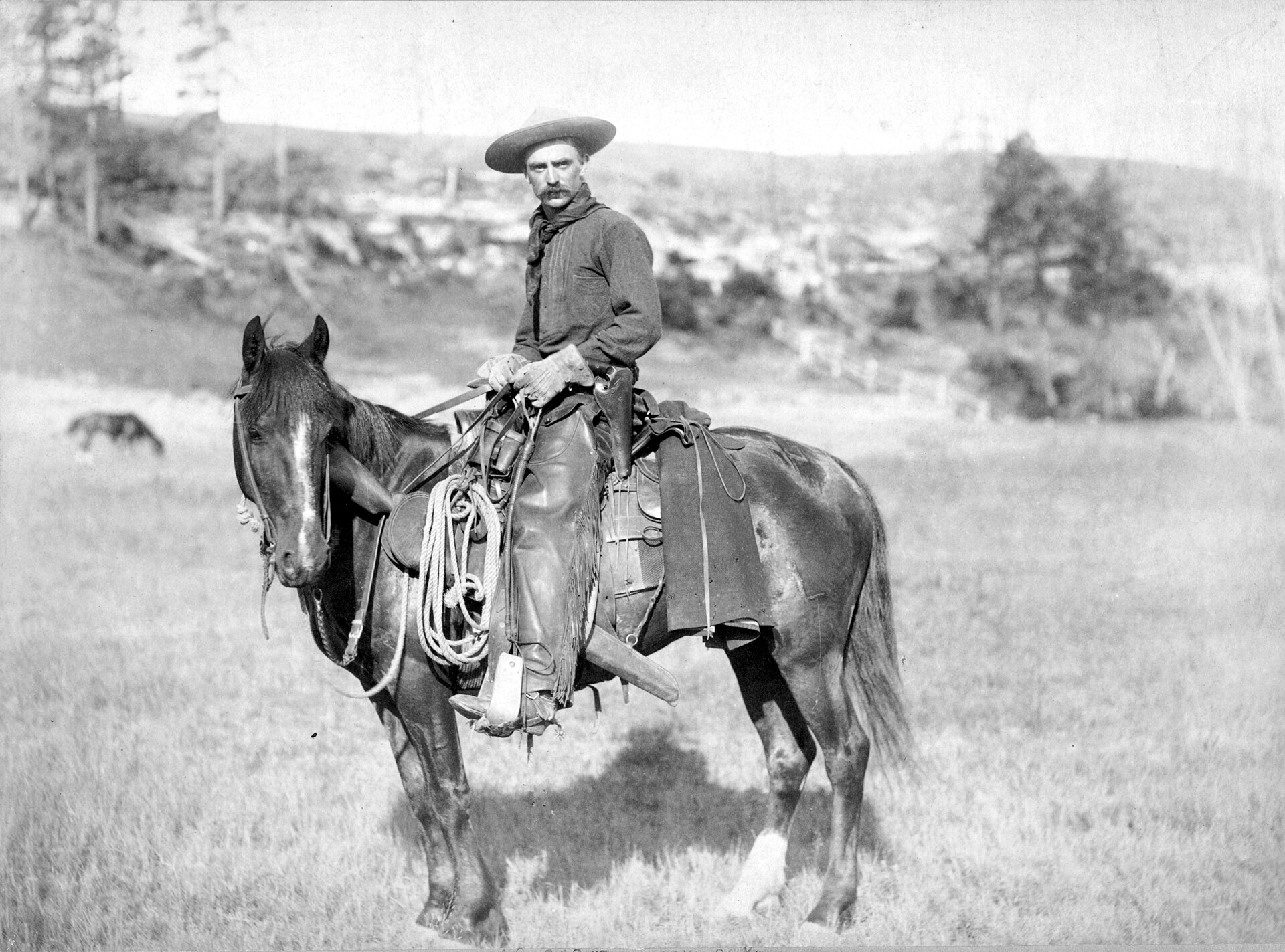 1888, Dakota: atının üstünde, kameraya dönmüş bir kovboy